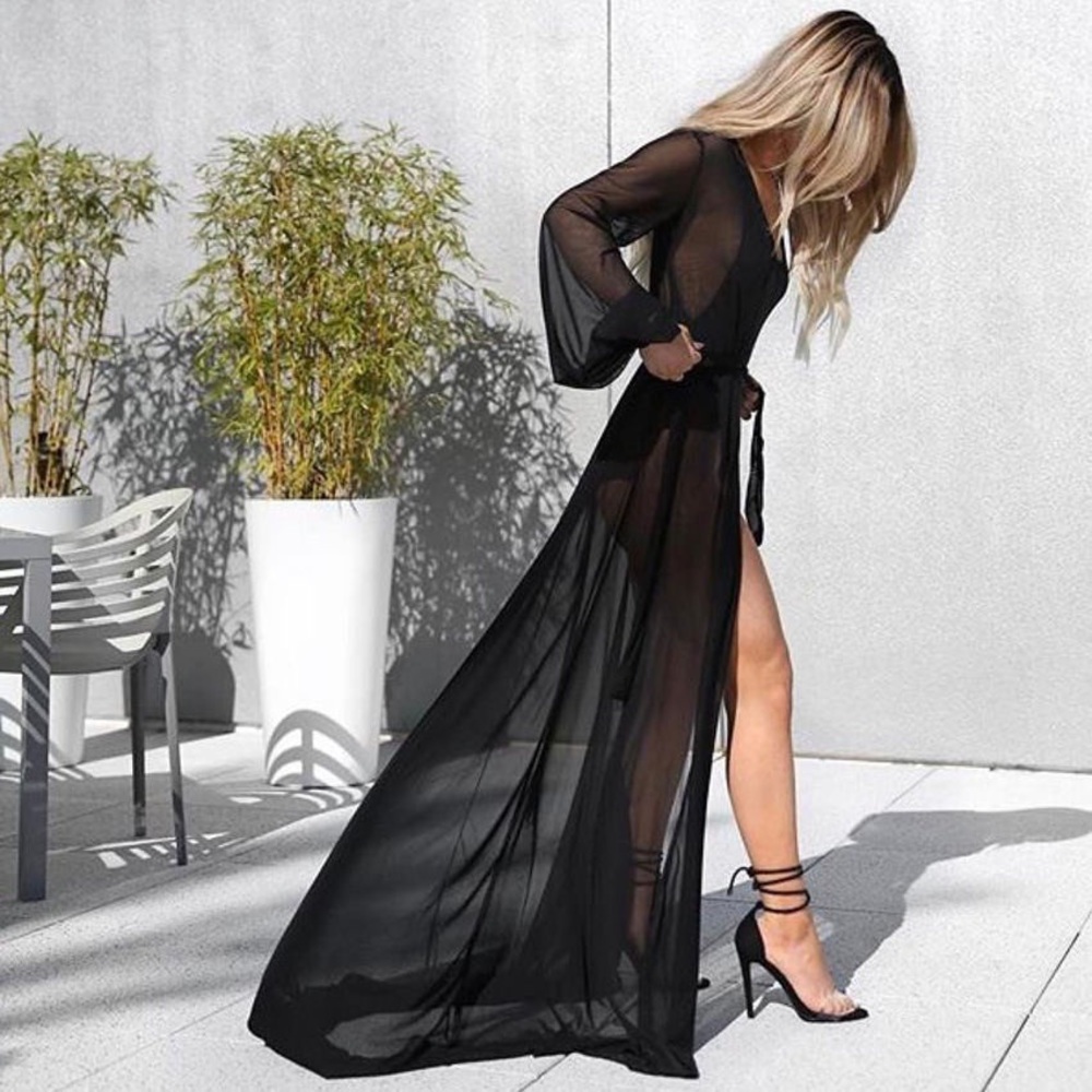 Stunning Long Black Chiffon Beach Cover Up - Picture 3 of 8